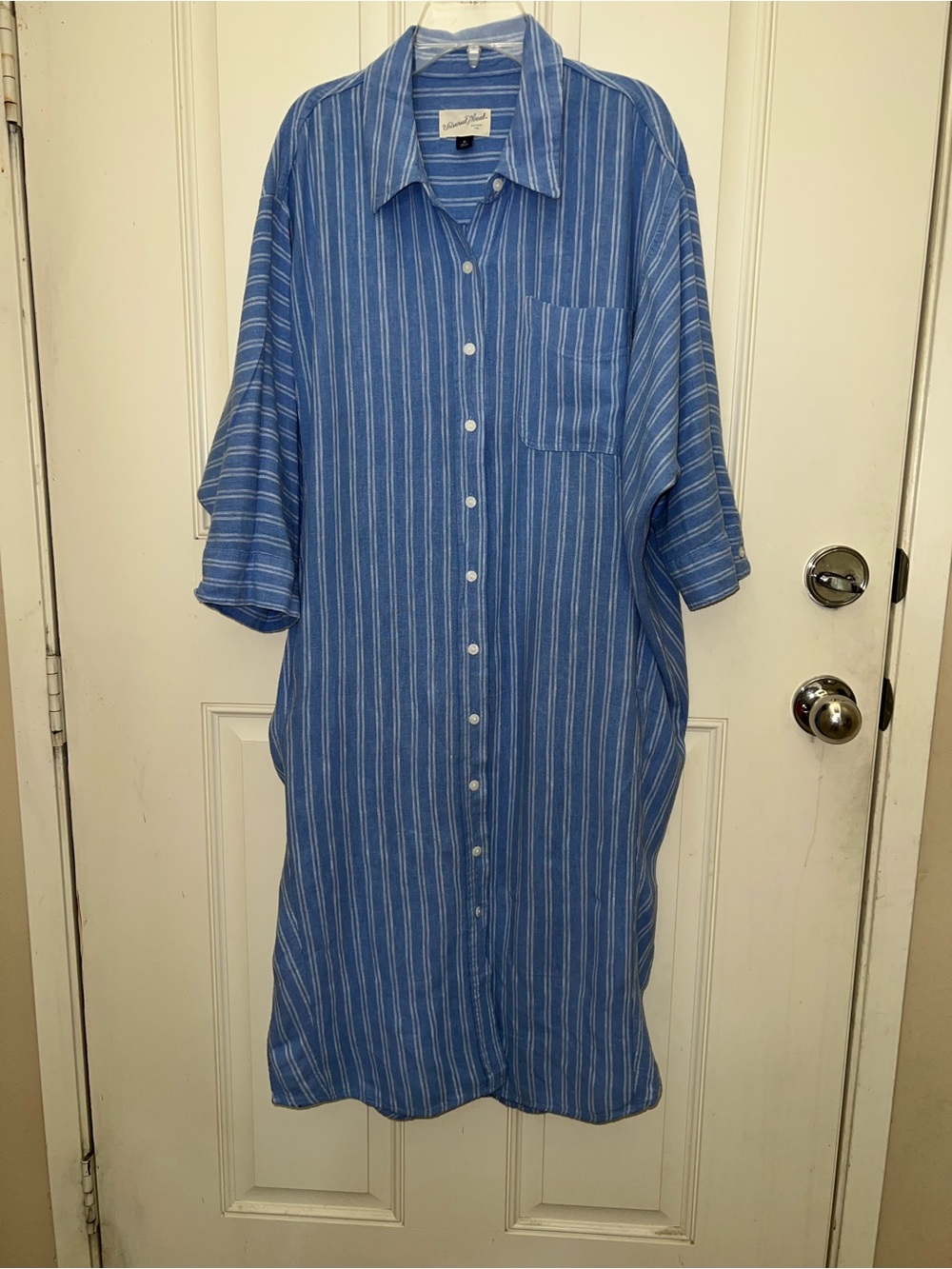 Womens Blue Striped Preppy Minimalist Lagenlook Button Up Shirt Dress Sz Med